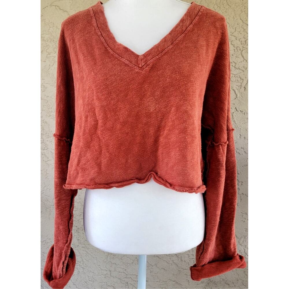 Free People Cropped Raw Hem Sweater Oversized Boho Rust Top
